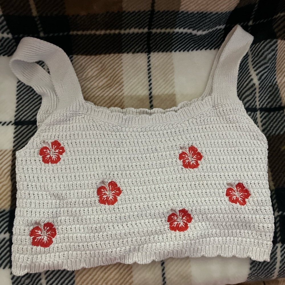 White Crochet Crop Top with Red Floral Embroidery